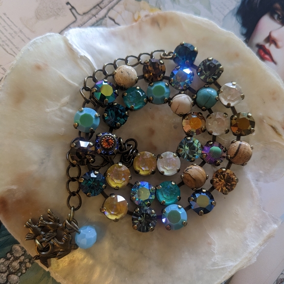 Cappuccino Brown, Jasper, and Turquoise Stones and Crystals Necklace in Brass - Picture 3 of 6